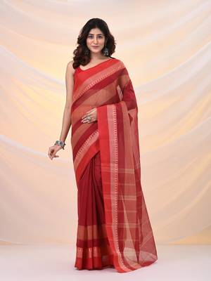Red pure cotton tant saree with temple border 1