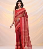 Red pure cotton tant saree with temple border