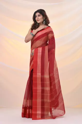 Red pure cotton tant saree with temple border