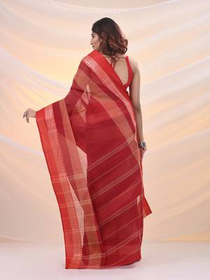 Red pure cotton tant saree with temple border 3
