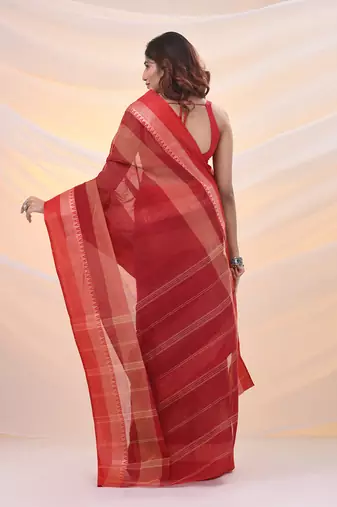 Red pure cotton tant saree with temple border
