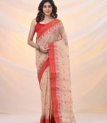 Beige pure cotton tant saree with woven designs