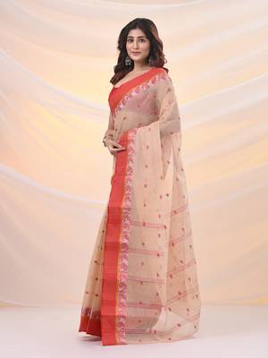 Beige pure cotton tant saree with woven designs 2