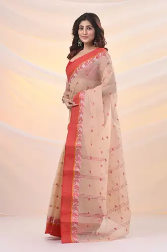 Beige pure cotton tant saree with woven designs