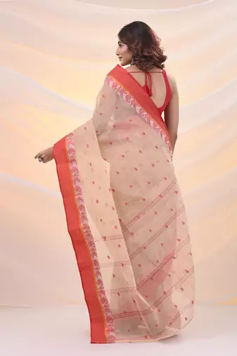 Beige pure cotton tant saree with woven designs