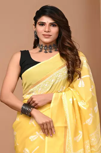 Yellow hand block printed with natural dye cotton silk saree with blouse piece
