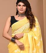 Yellow hand block printed with natural dye cotton silk saree with blouse piece