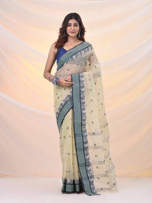 Ecru pure cotton tant saree with woven designs 1