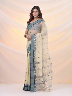Ecru pure cotton tant saree with woven designs 2