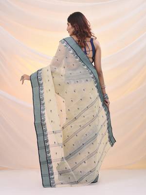 Ecru pure cotton tant saree with woven designs 3