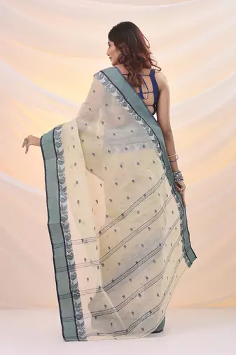Ecru pure cotton tant saree with woven designs