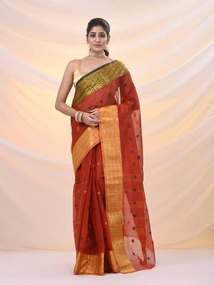 Brick red pure cotton tant saree with zari border 1