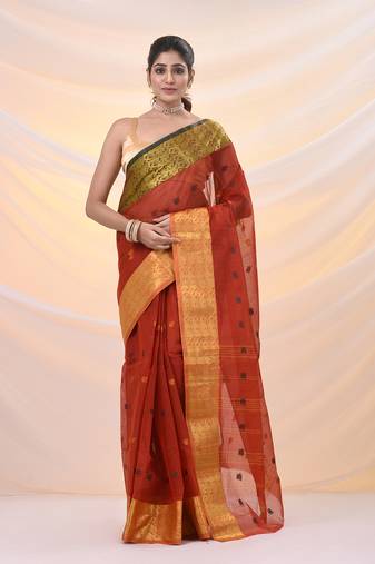 Brick red pure cotton tant saree with zari border