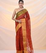 Brick red pure cotton tant saree with zari border