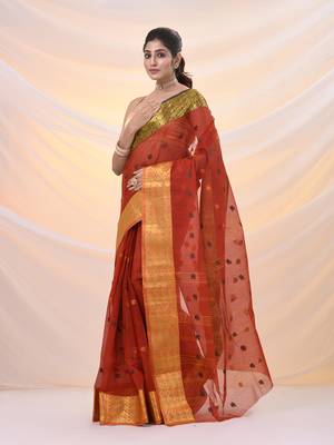 Brick red pure cotton tant saree with zari border 2