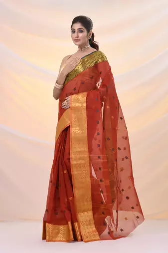 Brick red pure cotton tant saree with zari border