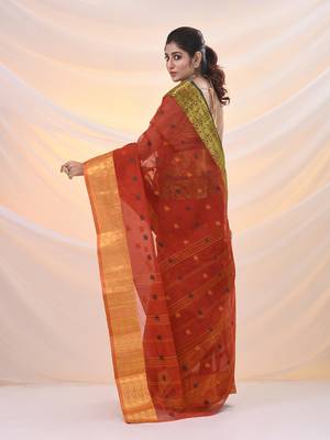 Brick red pure cotton tant saree with zari border 3