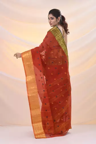 Brick red pure cotton tant saree with zari border