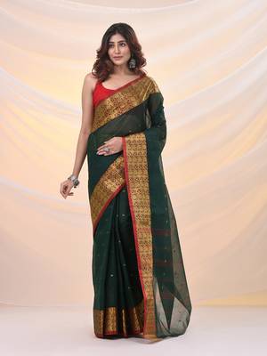 Dark green pure cotton tant saree with zari border 1