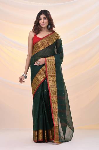 Dark green pure cotton tant saree with zari border