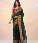 Dark green pure cotton tant saree with zari border