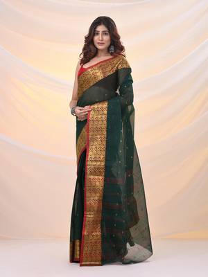 Dark green pure cotton tant saree with zari border 2