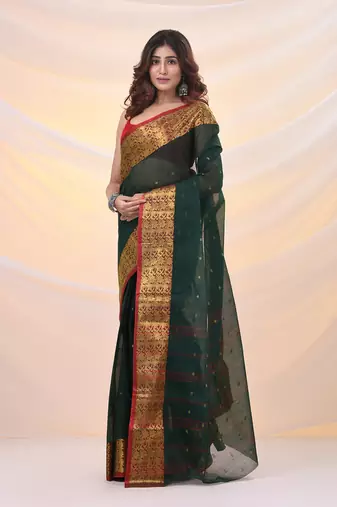Dark green pure cotton tant saree with zari border