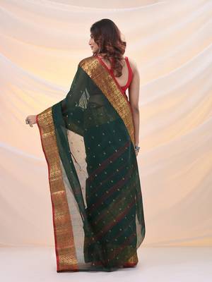 Dark green pure cotton tant saree with zari border 3