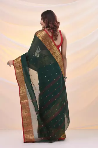 Dark green pure cotton tant saree with zari border