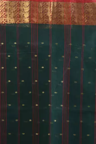 Dark green pure cotton tant saree with zari border