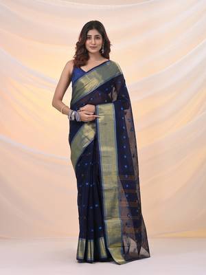 Midnight blue pure cotton tant saree with zari border 1