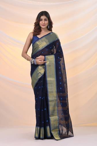 Midnight blue pure cotton tant saree with zari border
