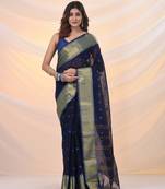 Midnight blue pure cotton tant saree with zari border