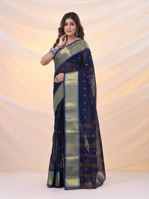 Midnight blue pure cotton tant saree with zari border 2
