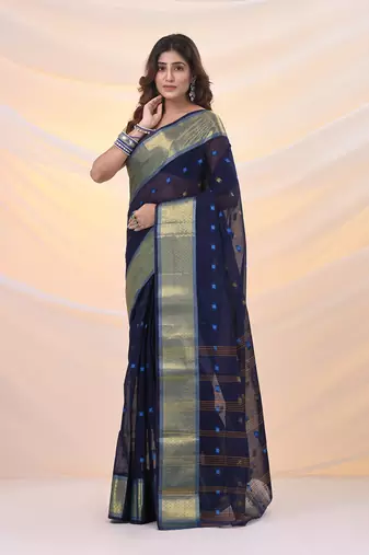 Midnight blue pure cotton tant saree with zari border