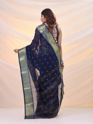 Midnight blue pure cotton tant saree with zari border 3