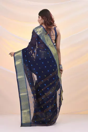 Midnight blue pure cotton tant saree with zari border