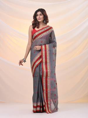 Grey pure cotton tant saree with woven designs 1