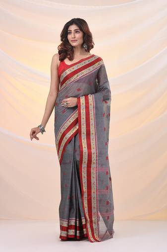 Grey pure cotton tant saree with woven designs