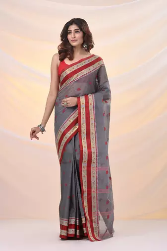 Grey pure cotton tant saree with woven designs