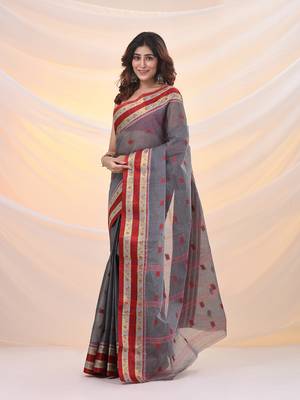 Grey pure cotton tant saree with woven designs 2