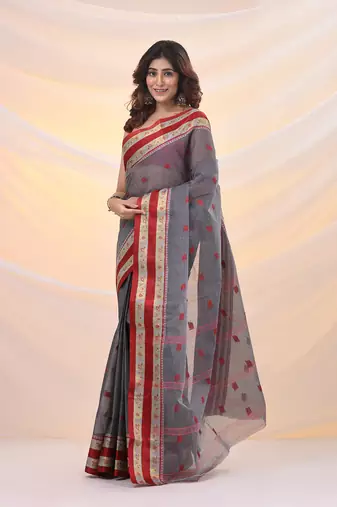 Grey pure cotton tant saree with woven designs