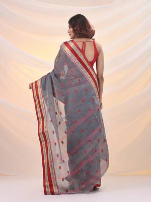 Grey pure cotton tant saree with woven designs 3