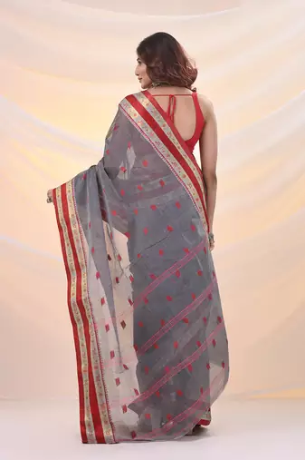 Grey pure cotton tant saree with woven designs
