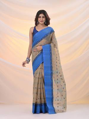 Ecru pure cotton tant saree with woven designs 1