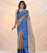 Ecru pure cotton tant saree with woven designs