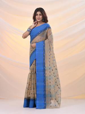 Ecru pure cotton tant saree with woven designs 2