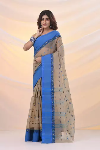 Ecru pure cotton tant saree with woven designs