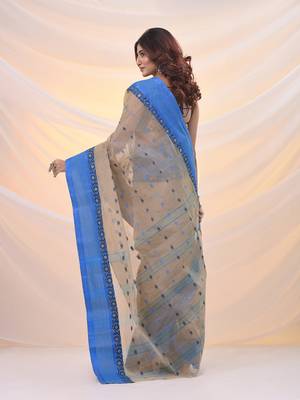 Ecru pure cotton tant saree with woven designs 3