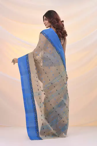 Ecru pure cotton tant saree with woven designs